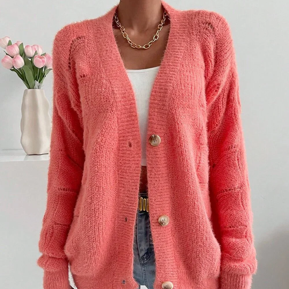 Pink Casual Women's Drop Shoulder Button Front Cardigan - Picture 6 of 6
